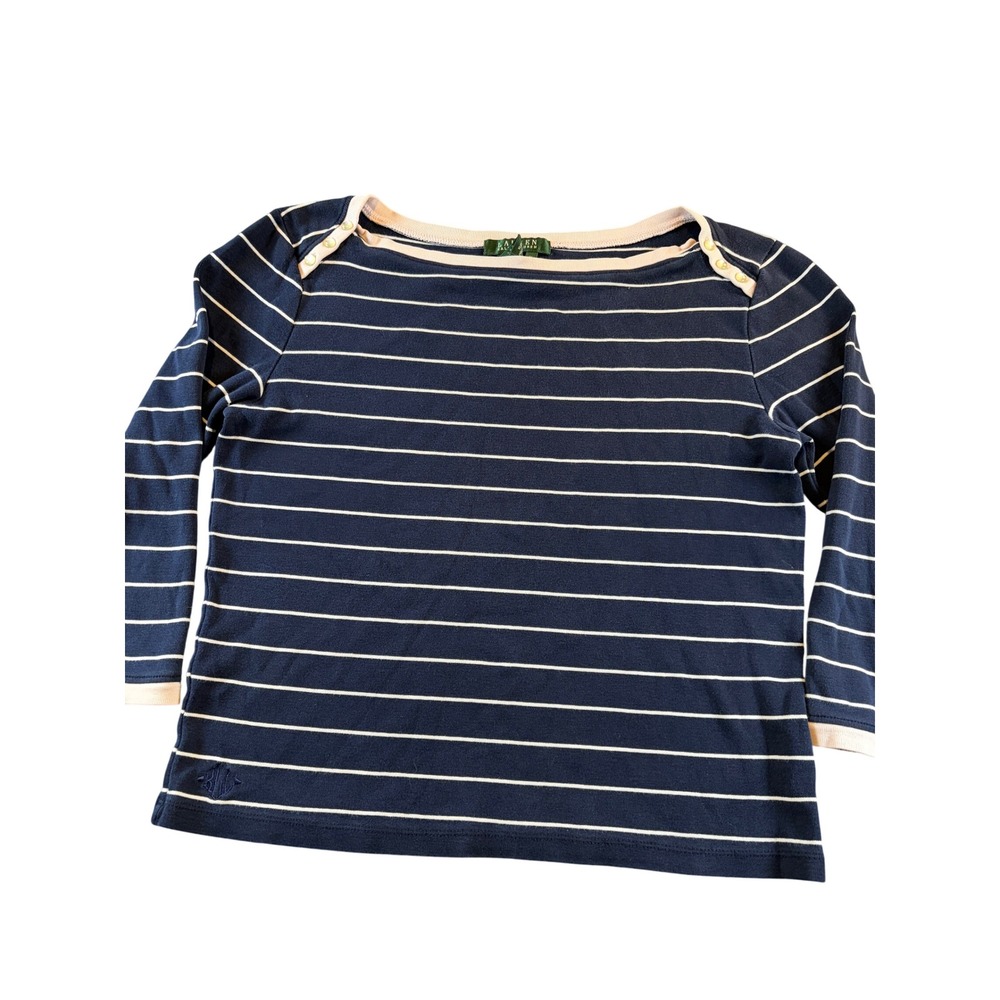 Lauren Ralph Lauren Navy White Striped Boat Neck Button Shoulder Top Size M